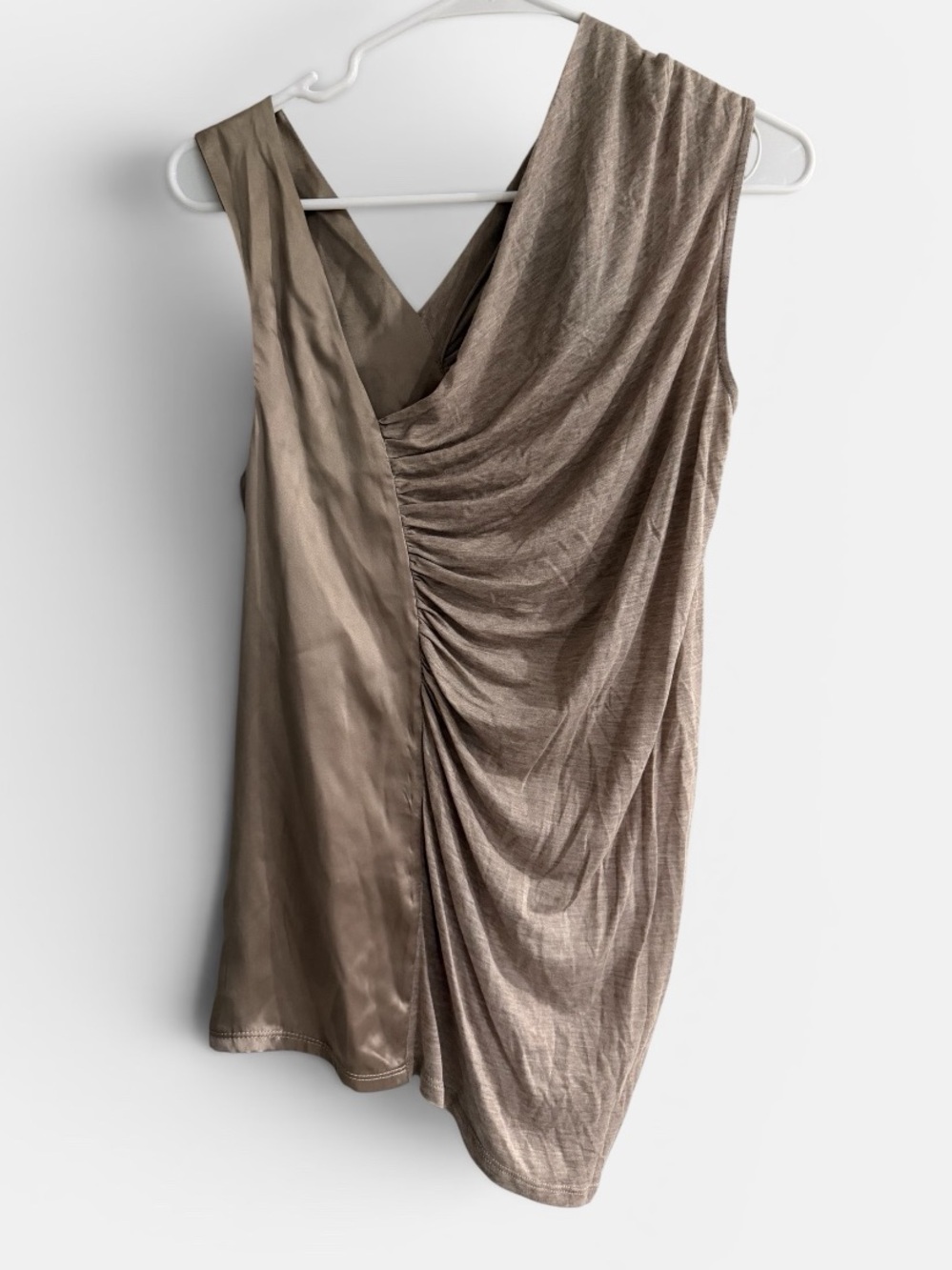 Taupe Satin-Blend Ruched V-Neck Asymmetrical Cami - Picture 2 of 5